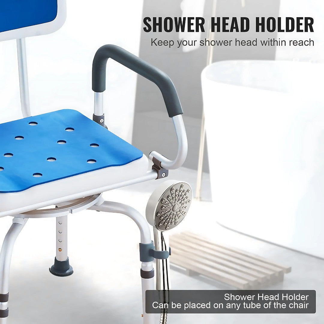 Shower chair with mounted handheld shower head in side holder clipped onto the leg.