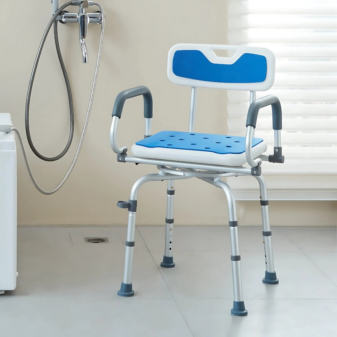 Shower chair placed in a tiled bathroom near a mounted shower fixture and white blinds.