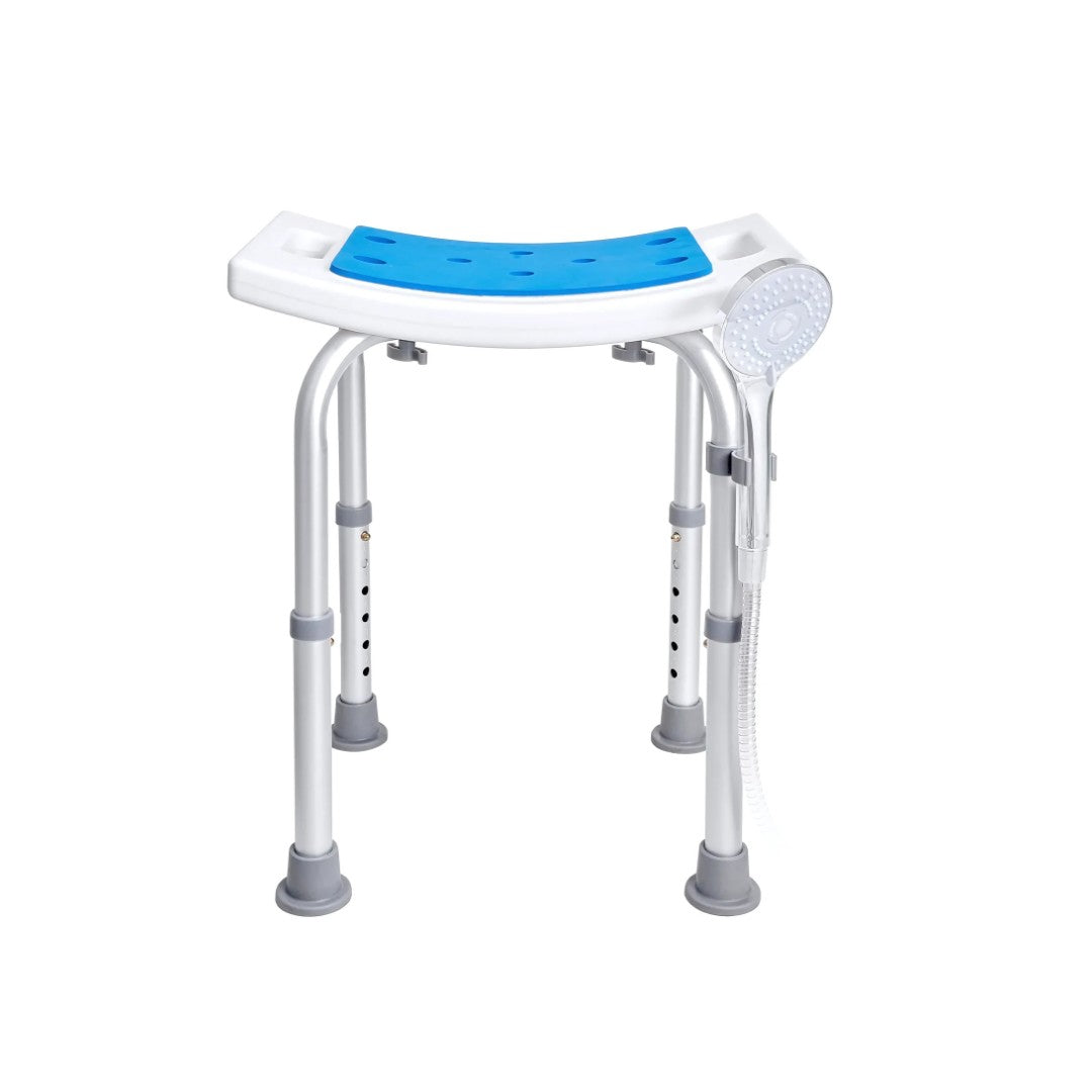Adjustable shower chair with curved blue seat, silver legs, and handheld shower holder on side.