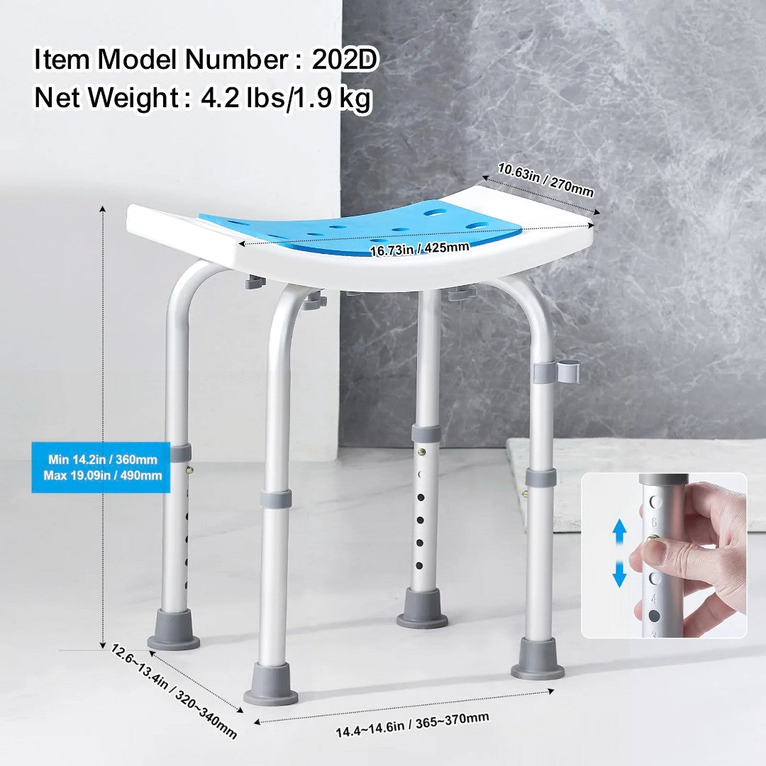 Shower chair shown with detailed dimensions and adjustable height settings from 14.2 to 19.0 inches.