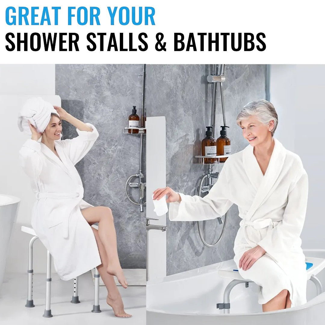 Two women using the shower chair in a shower stall and bathtub, both seated comfortably in robes.