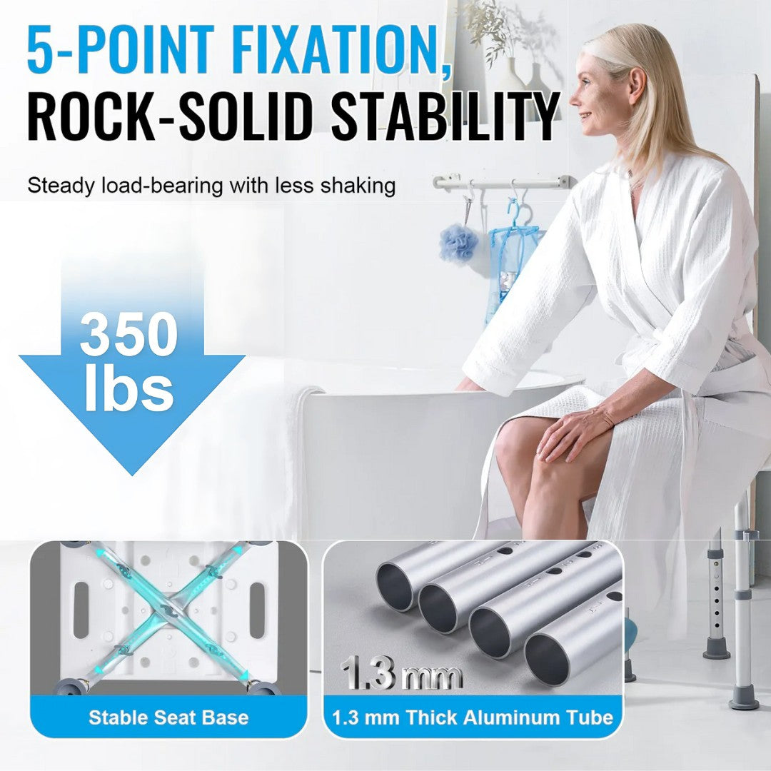 Elderly woman seated on the shower chair with graphic highlighting 5-point fixation and 350 lb weight capacity.