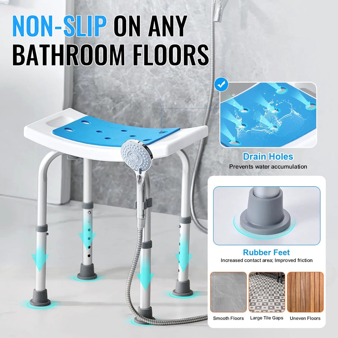 Shower chair on bathroom floor showing rubber feet, drain holes, and anti-slip stability features.