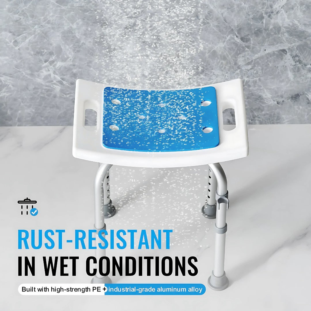 Water pouring on shower chair, demonstrating rust-resistant seat and aluminum frame in wet conditions.
