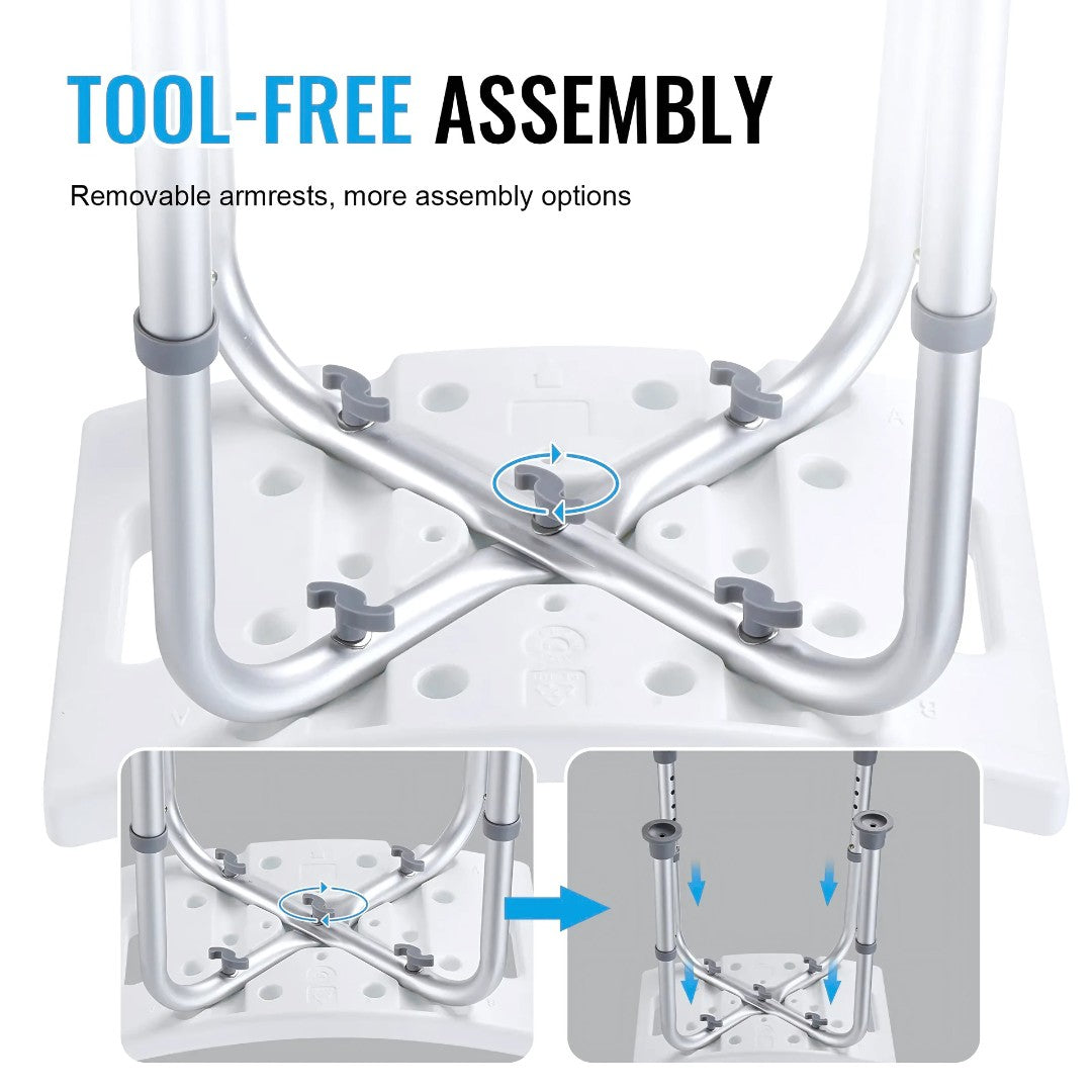 Underside of the shower chair highlighting tool-free assembly with removable armrest slots and interlocking legs.