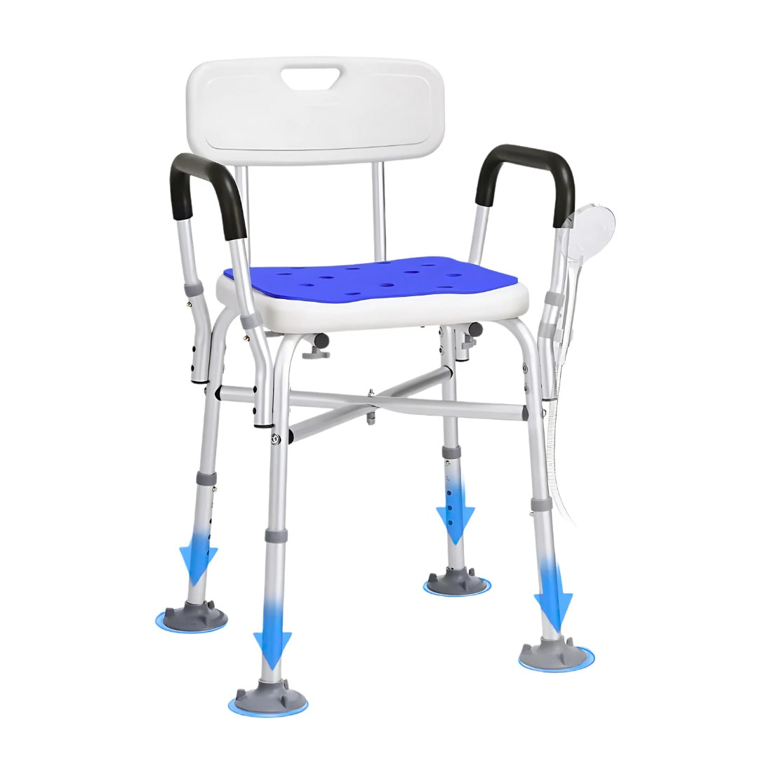 Shower chair with blue seat and adjustable legs on a white background