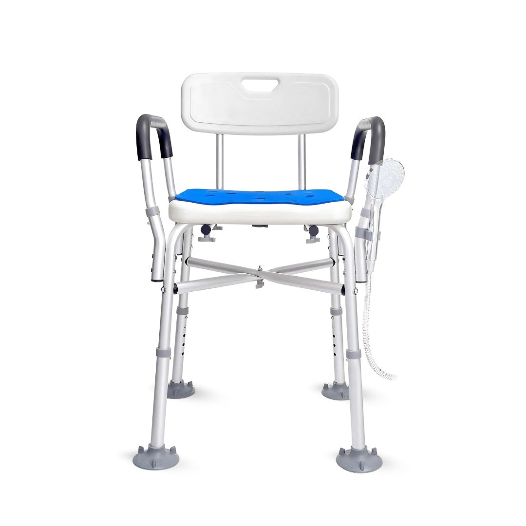 Adjustable shower chair with backrest and blue seat shown from the front with attached handheld shower head
