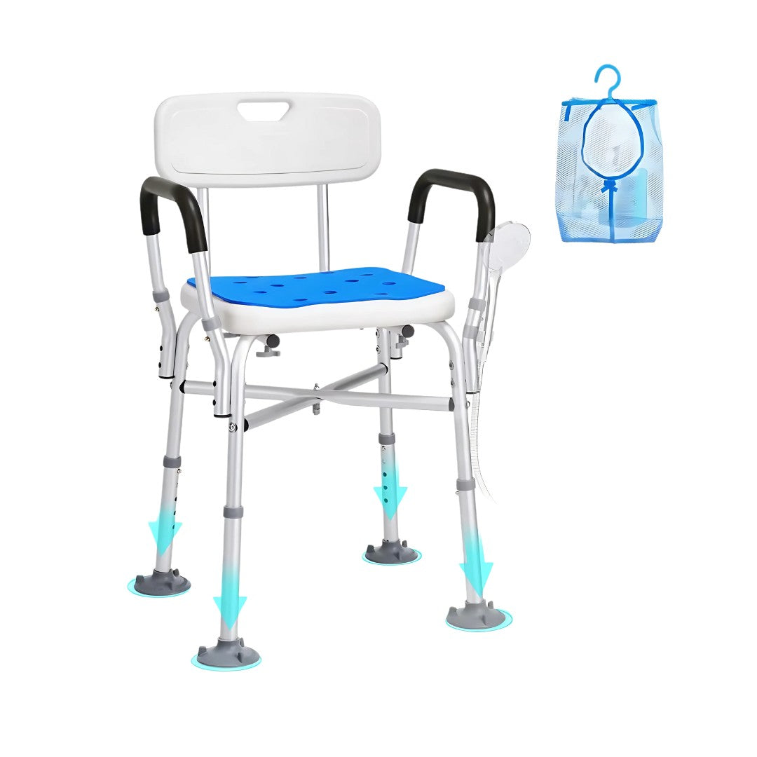 Angled view of shower chair highlighting suction cup feet, drainage holes, and included hanging mesh bag
