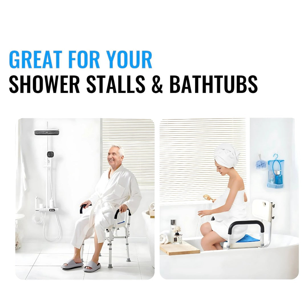Elderly man using shower chair in shower and woman seated on chair in bathtub, demonstrating usage