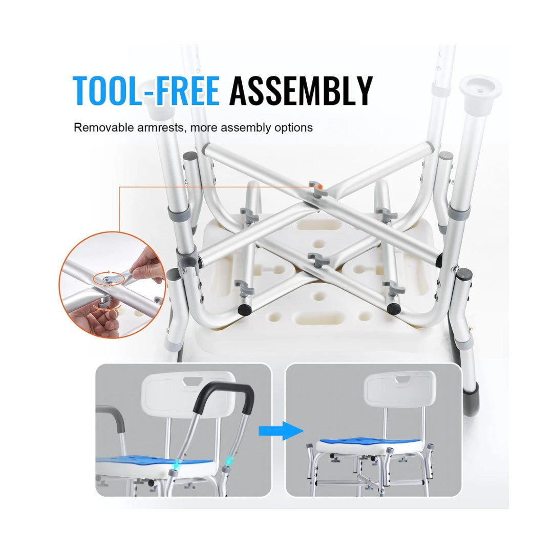Close-up of tool-free shower chair assembly with removable armrests and crossbar support frame