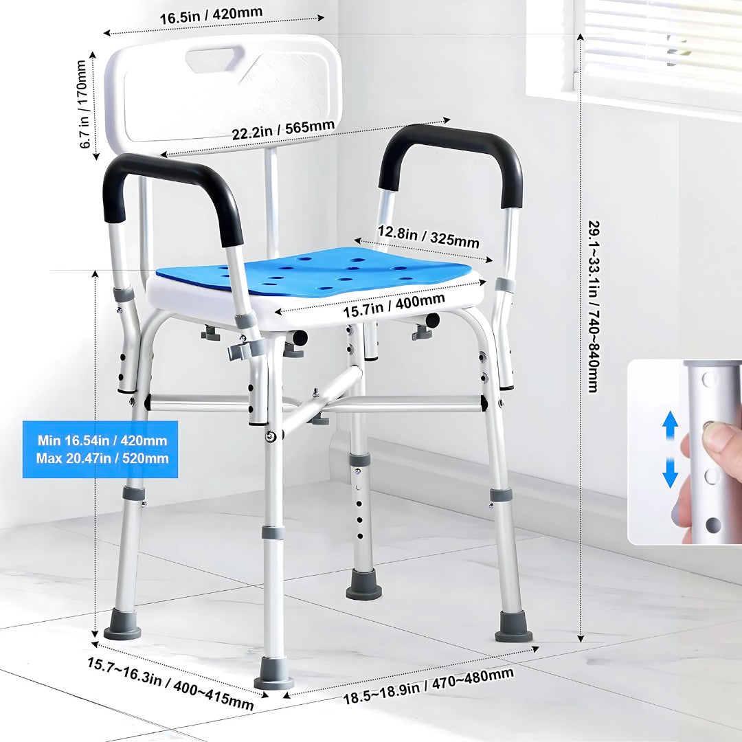 Shower chair with measurement labels showing seat width, height adjustment, and backrest dimensions