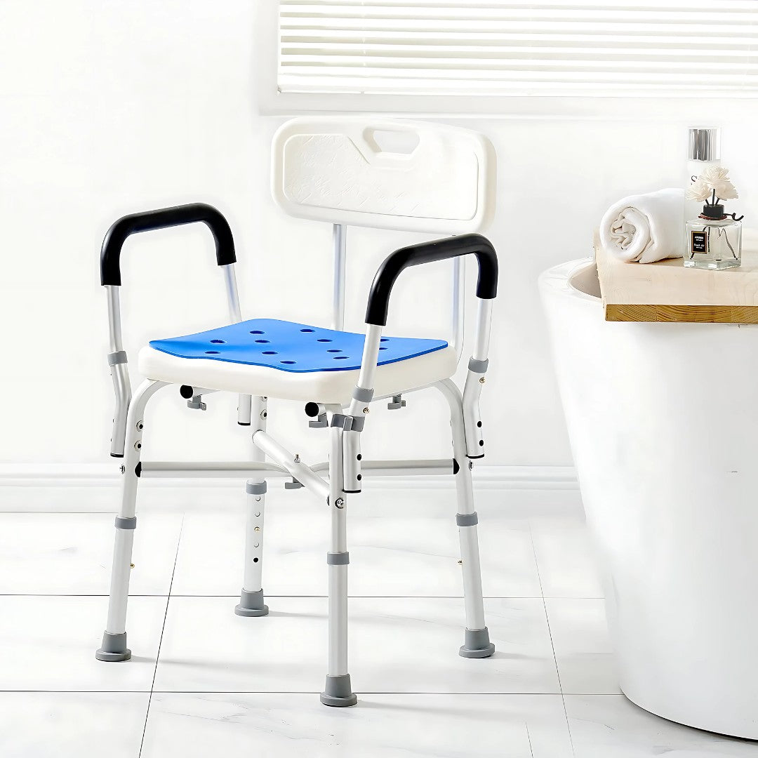Shower chair placed beside bathtub in a bright bathroom setting, emphasizing clean and modern design