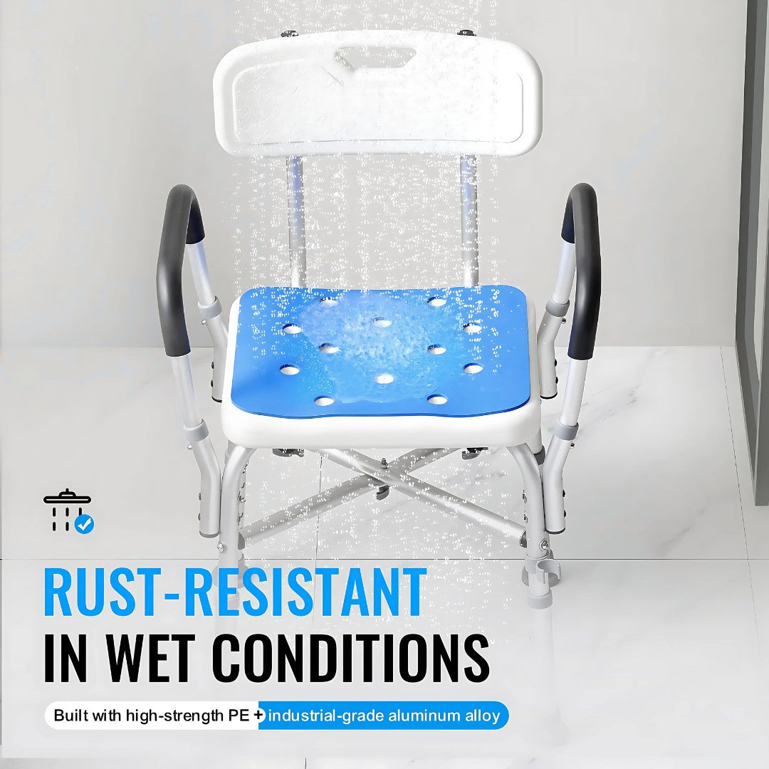 Shower chair under running water, highlighting rust-resistant frame and water-draining seat holes